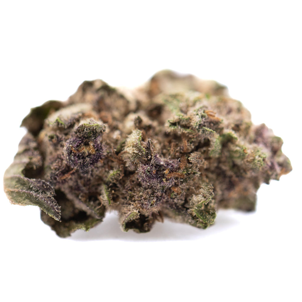 Cali Burger THCa hemp flower smalls: green purple bud with trichomes