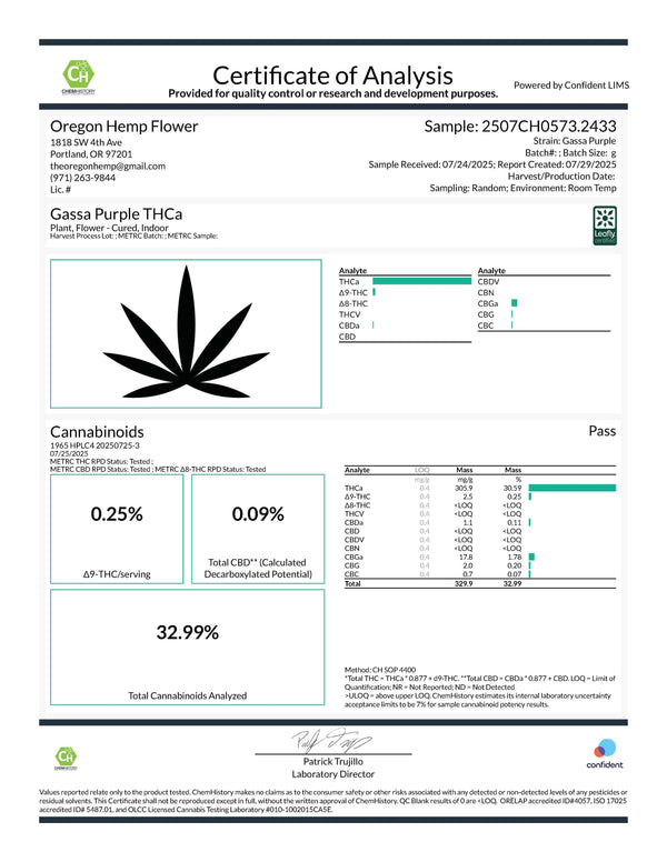 Certificate of analysis for Gassa Purple Indoor THCa Flower highlighting therapeutic benefits