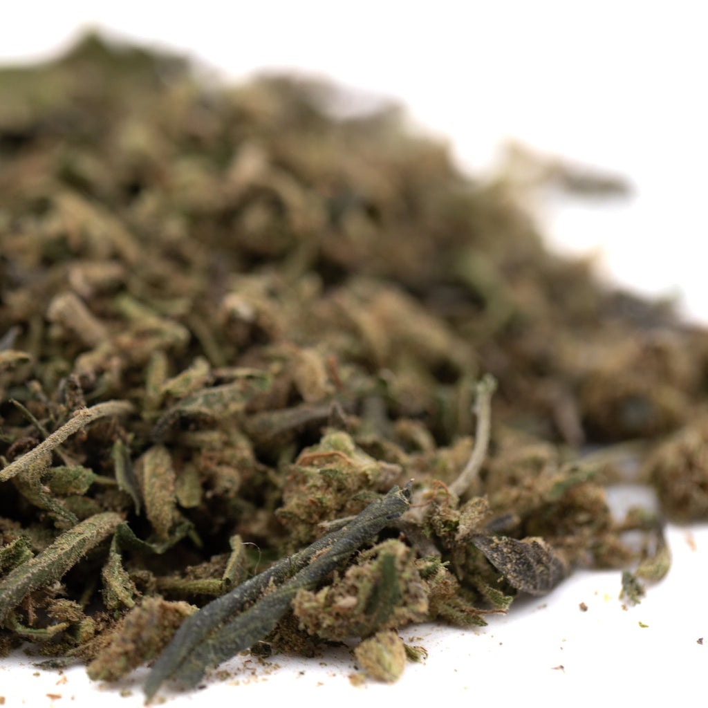 Pile of dried green herbs for Jokerz THCa Trim Wholesale 1LB product showcase