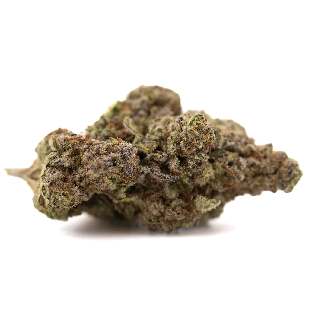 Green cannabis bud with white trichomes and purple hues from Super Runtz THCa hemp flower